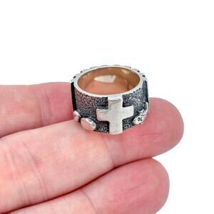 Estate Sterling Silver 950 Religious Cross Wide Band Ring Size 7.5